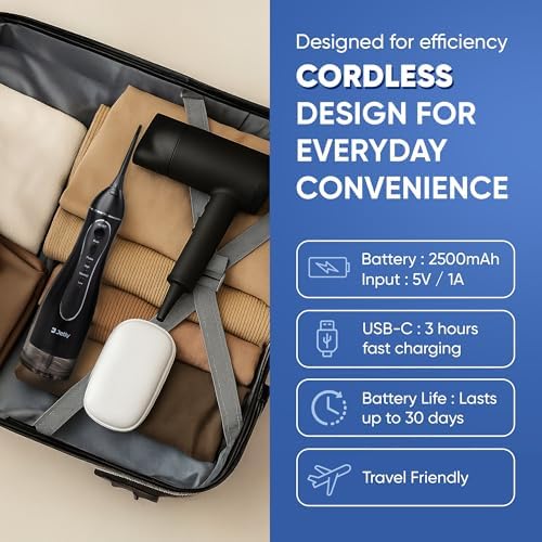 JETLY Water Dental Flosser Teeth Pick Cleaner: Travel Cordless Oral Irrigator 300ML Capacity Portable Rechargeable IPX7 Waterproof Electric Flossing Machine for Teeth Cleaning (Black)