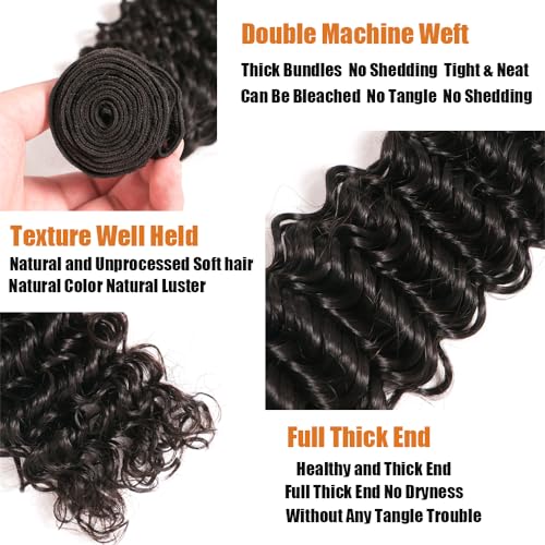 Deep Wave Human Hair Bundles - 20/22/24 Inch Deep Curly Brazilian Virgin Wet & Wavy Bundles - 3 Pack 12A Human Hair Extensions