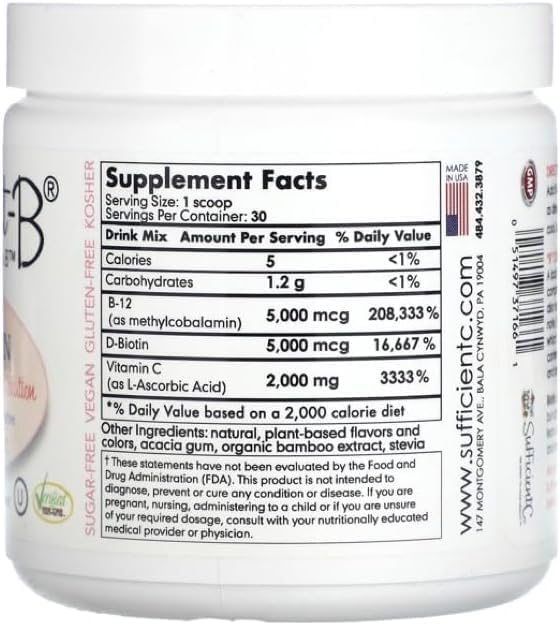 Sufficient-C Abundant-B High-Dose Methyl B-12 and Biotin Pink Lemonade Energy Drink Mix Solution - Flavor w/Function in Each Refreshing sip!