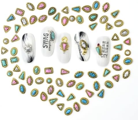 60 Piece Set of Turquoise Gemstone Pendants - 3D Nail Accessories with Hollowed Out Design, Vintage Pendants Suitable for DIY and Western Nail Art, Blue