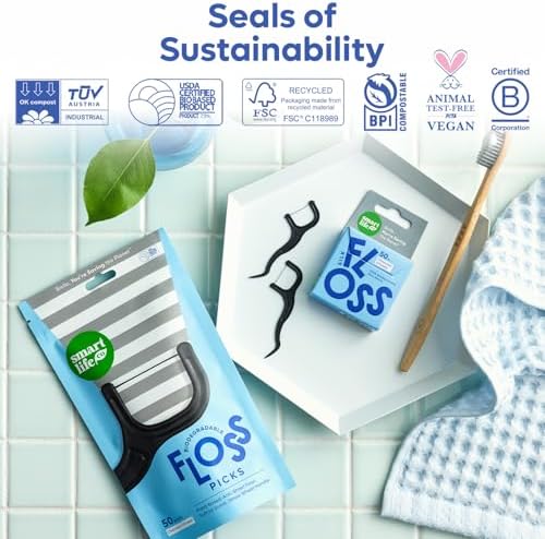 SmartLifeco Biodegradable* Dental Floss Picks - Charcoal Thread Flossers for Adults, All Natural Teeth Whitening, Eco Friendly Straw Wheat Handle, Toothpick Stick Soft on Gums, Zero Waste Vegan, 200x