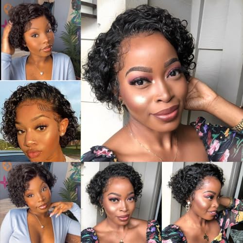 Pixie Cut Wig Human Hair 4X4 HD Lace Short Curly Wigs Wear and Go Glueless Wigs Pre Plucked Pre Cut Short Curly Glueless Bob Wigs Human Hair for Women 6 inch Natural Color