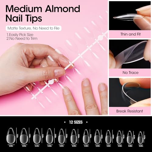 Gellen Gel Nail Kit Easy Nail Extension Set, 504Pcs Pre-Shaped Medium Almond x Gel Nail Tips, Gel Nail Glue, Nail Dehydrator, Mini LED Nail Lamp, Nail Clipper & Files, Home DIY Nail Art Manicure Gift