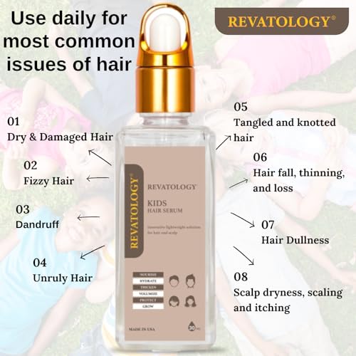 REVATOLOGY Kids Hair Serum (Made in USA) for Hair Thickness, Strength, Growth and Scalp Revitalization for straight, curly, waivy, coiled hair in toddlers, teen, and children | chemical & cruelty free