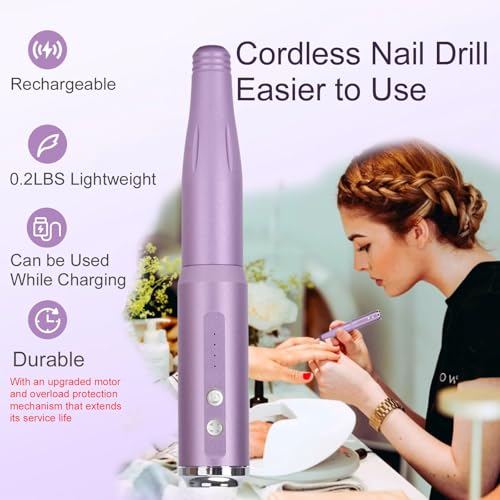 Nail Drill and Dremel - 14-in-1 Portable USB-Powered Nail Care Set with 20000RPM Speed for Gel, Dip Powder, Manicure, Pedicure, Shaping & Polishing, in Elegant Purple