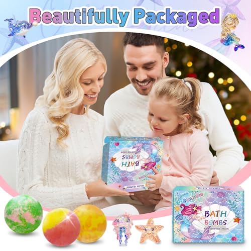 Bath Bombs for Kids with Surprise Inside, 12pcs Kids Bath Bombs with Mermaid Toys Gift Set for Girls, Shea & Coco Butter Dry Skin Moisturize, Handmade Fizzies Bubble Spa Bath Ball for Birthday Easter