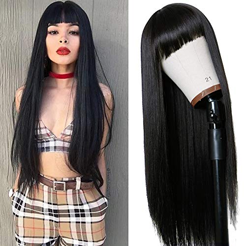 Long Straight Remy Hair Wigs Natural Black Heat Resistant Fiber Hair Full Machine Wig with Bangs Cosplay Party Wig For Fashion Women (24 Inch)