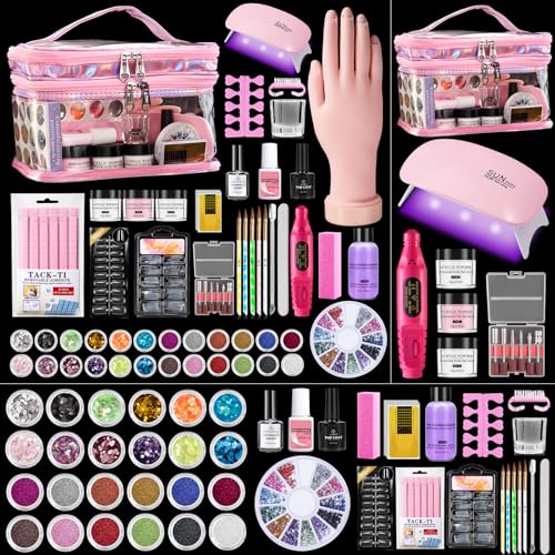Acrylic Nail Kit with Everything: Beginners Practice Hand Acrylic Nail Powder Liquid Set with U V Lamp Drill in Gift Bag for Beginners Home Salon(Pink Bag)