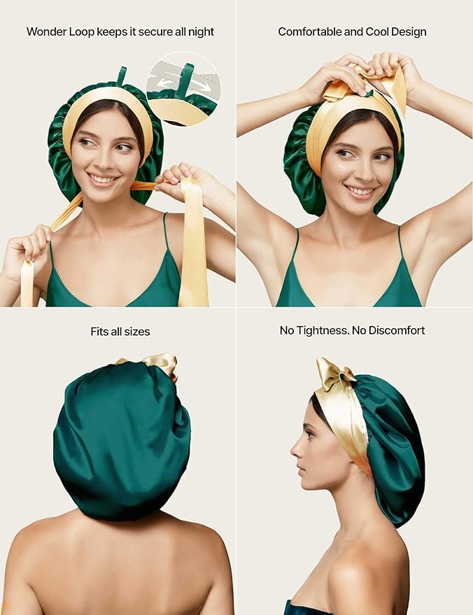 Real Silk Bonnet for Sleeping Women with Curly, Straight, & Fine Hair – Hair Cap for Sleep – Premium Alternative to Double Layer Satin Bonnet – Silk Hair Wrap for Sleep with Wonder Loop Tie – Green