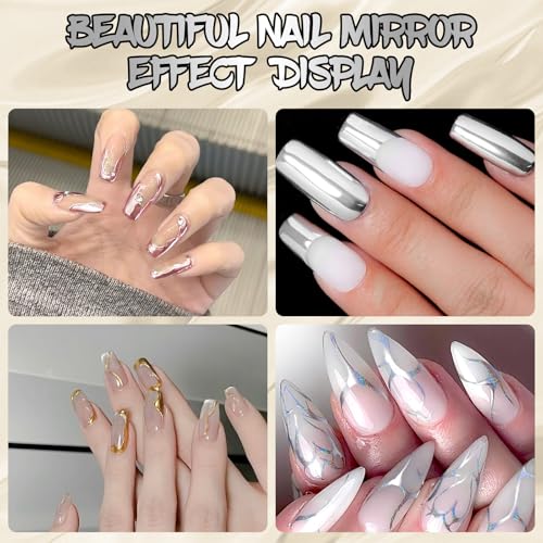 4x12ml Metallic Mirror Painting Liner Gel Polish Set, Mirror Chrome Holographic Laser Effect Painted Nail Polish, Metal Drawing Striper Gel Build in Thin Brush Nail Art Manicure Set
