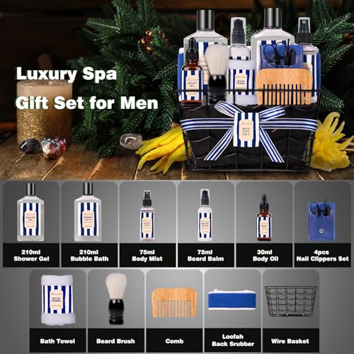 Fathers Gifts for Men Dad Bath and Body Gift Sets for Men with 10 Pcs Cedar & Bergamot Spa Gifts Set, Bath Gift Set Includes Beard Balm, Bubble Bath.Perfect Relaxation Spa Gift Basket for Men