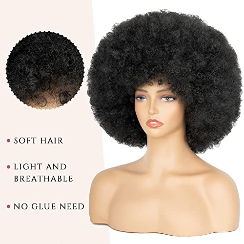 70's Afro Wig for Women, Natural Black Short Afro Kinky Curly Wig, Glueless Synthetic Wig with Bangs, Puffy & Fluffy Bouncy Afro Wig for Daily Cosplay Party