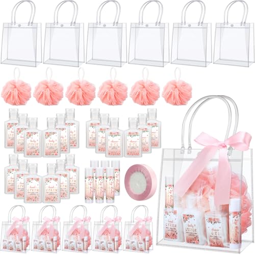 Demissle 6 Sets Baby Shower Game Prizes for Winners Baby Shower Favors Gifts Include Lip Balms Hand Creams Body Lotions Bath Loofah Sponges Gift Bags(Pink Flower)