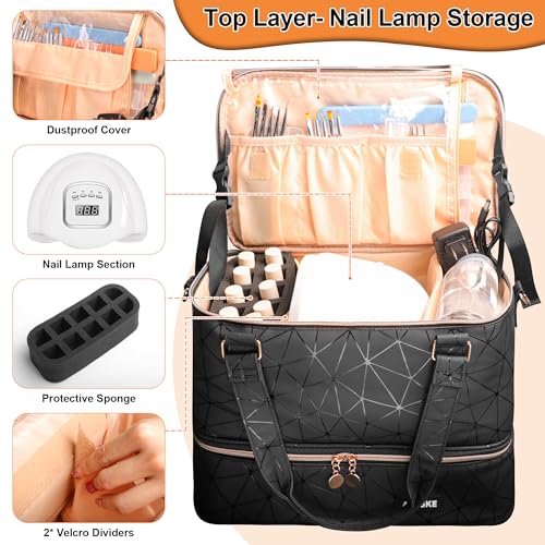 Nail Polish Organizer Bag Holds Nail Lamp& 50 Bottles (15ml/0.5fl.oz), PU Leather Nail Supplies Organizer Case with Shoulder& Holder Strap, Travel Nail Kit Storage for Manicure Tools (Black)