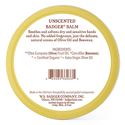 Badger Balm Unscented, 100% Organic Olive Oil & Beeswax, Fragrance Free Hand Cream, Long Lasting Sensitive Skin Moisturizer, 2 oz Tin, 2-Pack