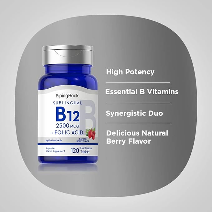 Piping Rock Vitamin B12 Sublingual | 2500 mcg | 120 Tablets | with Folic Acid | Supplement for Women and Men | Berry Flavor | Vegetarian, Non-GMO, Gluten Free