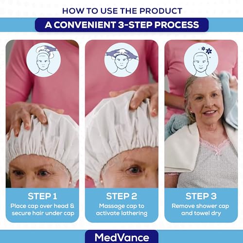 MedVance No Rinse Shampoo Cap | Rinse Free Shower Cap that Shampoos & Conditions | PH Balanced & Hypoallergenic Waterless Hair Wash | 3 Pack