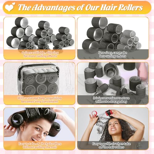 6 Size Hair Rollers for Women, 62 Pcs Rollers Hair Curlers for Long Medium Short Hair, Large Medium Small Self Grip Hair Rollers with 36 Rollers 24 Stainless steel Clips 1 Storage Bag
