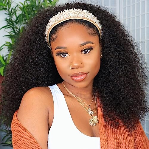 Smoothair Headband Wig Human Hair Kinky Curly Headband Wigs for Black Women Human Hair Wigs Glueless 18 Inch None Lace Front Wigs Brazilian 150% Density