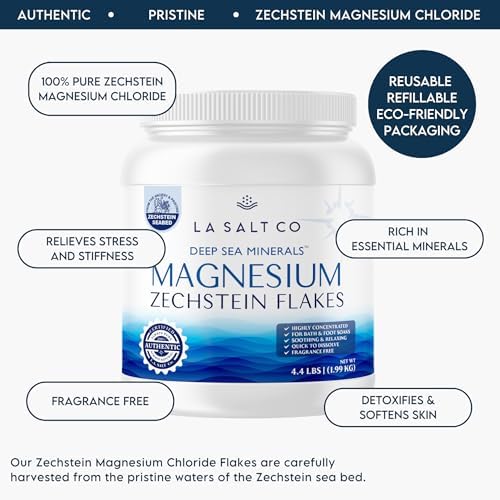 Deep Sea Minerals Magnesium Bath Flakes - 4.4 Lbs Jar, Zechstein Inside, Natural Bathing Alternative to Epsom Salt | Fast Absorbing Body & Foot Bath Soak for Relaxation & Muscle Relief