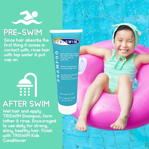 TRISWIM Kids Chlorine Removal Shampoo 8.5oz | Removes Chlorine, Bromine, Salt Water & Hard Water Minerals | Hydrates & Nourishes with Aloe Vera, Vitamin A & Pro Vitamin B5 | Lime + Mango Scent