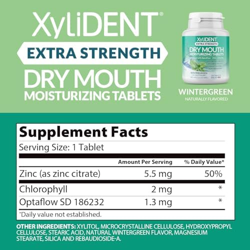 Extra Strength Xylitol Tablets for Dry Mouth Relief - Stimulates Saliva, Freshens Breath, Reduces Acid Production, Fast Acting Relief, 100 Count (Wintergreen)