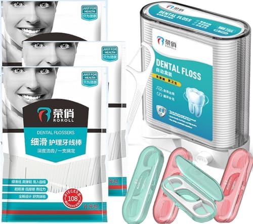 Dental Floss Picks, Flossers Picks for Adult Teeth, Packed in 1pc of Refillable Auto-Ejection-Case and 3pcs of Portable Cases, Hygienic Convenient, Smart Buy, 442pcs (White)