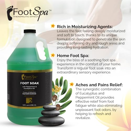 FOOT SPA - Foot Soak - Cleanses, Softens, and Refreshes - Made With Eucalyptus & Peppermint Oil - 128 Oz Gallon - Bulk, Refill Gallon