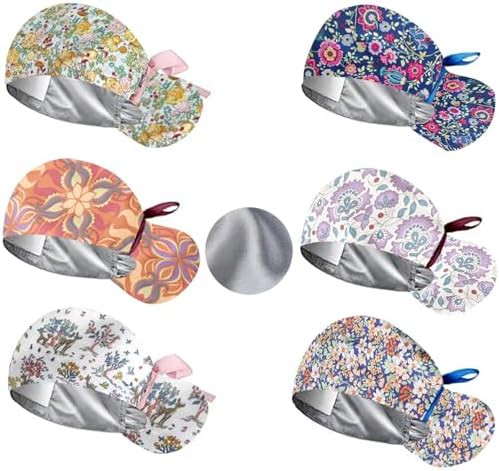 6Pcs Satin Lined Scrub Caps Women Ponytail, Adjustable Surgical Caps for Women, Scrub Hats, Nurse Cap, Nurse Surgical Hat with Button and Sweatband, Elastic Ponytail Pouch Tie Back