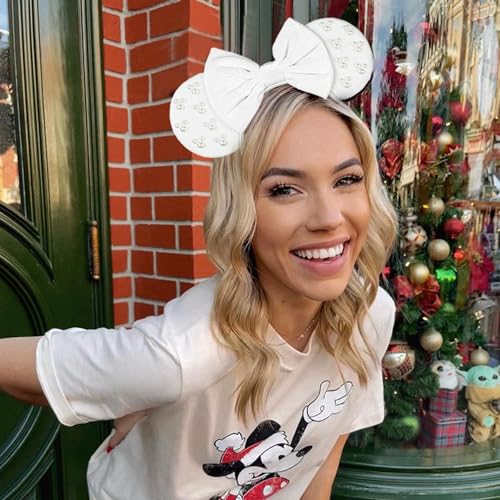 JIAHANG White Velvet Mouse Ears Hair Bow Headband with Pearls, Party Decoration Beadings Headwear for Women Girls(velvet white 04)