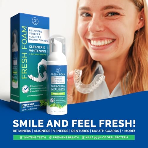 Retainer Cleaner Foam for Invisalign, Aligner Cleaner Whitening Foam for Mouth Guard Night Guard Veneers, Whitens Teeth, Freshens & Fights Bad Breath, 3% Hydrogen Peroxide, Mint - 50ml