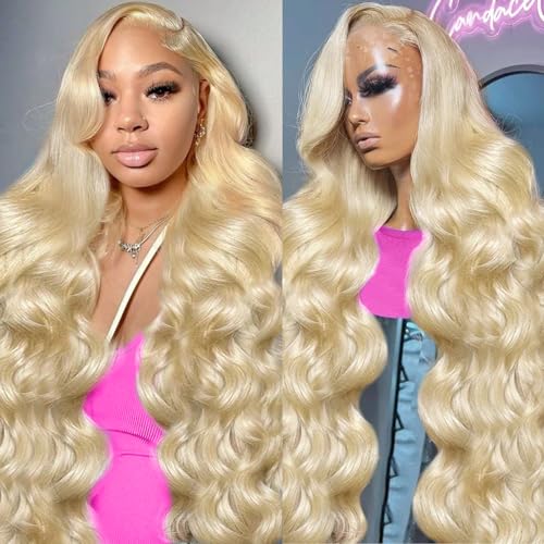 613 13x6 Lace Front Wig Human Hair 200 Density Body Wave Blonde Lace Front Wigs Human Hair 28 Inch Full & Thick 613 HD Lace Frontal Wig Pre Plucked with Baby Hair for Women.