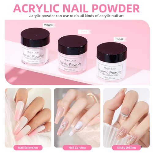 Major Dijit Acrylic Nail Kit with Drill - Complete Starter Set for Beginners White Pink Clear Acrylic Powder, 6 Gel Polish Colors, UV LED Light, Nail Decorations & Salon Tools | Home Manicure Gift Set