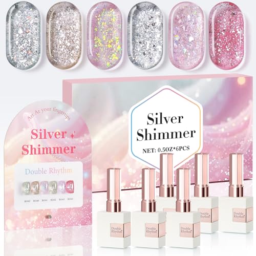 Double Rhythm 0.5 Oz Glitter Gel Polish Set of 6 Color with Display Board 15 ml Full Size Kit Shimmer Reflective Sparkle Soak Off Manicure Salon DIY at Home (Gold Silver Light Pink Rose-T6-35)