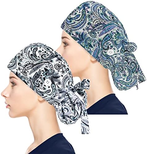 Fesciory Adjustable Working Caps with Button & Sweatband, Women Ponytail Pouch Hats, Long Hair