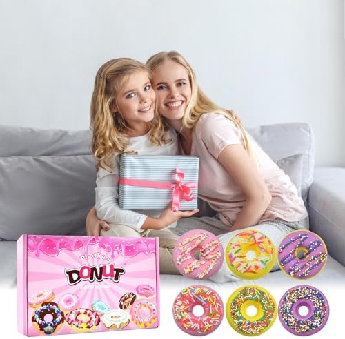 6 Pieces Donut Bath Bombs Gift Set for Kids - Scented Spa Bath Ball Fizzies with Surprise Bracelets Inside, Essential Oils, Moisturizing Bath Treats, Doughnut Princess Party Favors for Girls Women