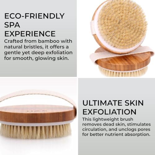 H&S Bamboo Body Dry Brush - Exfoliating Dry Brushing Body Brush - Exfoliator Brusher for Skin - Soft & Hard Bristles Massage - Use on Skin Face Facial - Scrub for Women and Men