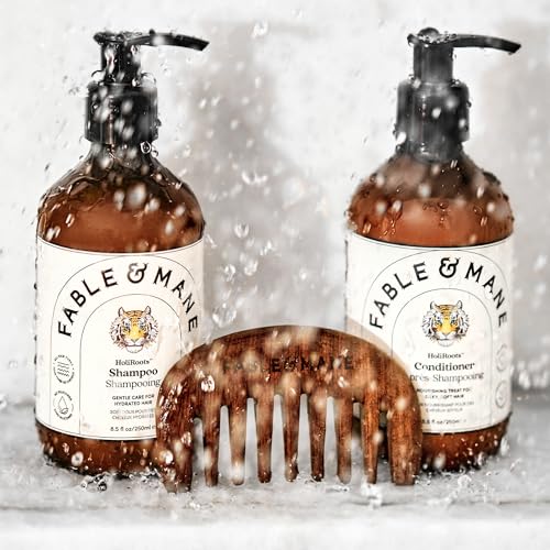 Fable & Mane Scalp Massager Comb, Wide-toothed, 100% Natural Ebony Wood, Detangles Strands and Gently Massages the Scalp