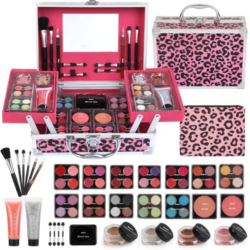 Anpro All-In-One Leopord Double Folding Makeup Carry Case with Pro Teen Makeup Set, Full Starter Kit with Makeup Brushes, Lipsticks, Eyeshadow Palette, Blushes, Glitter Gel, Ideal Present for Girls