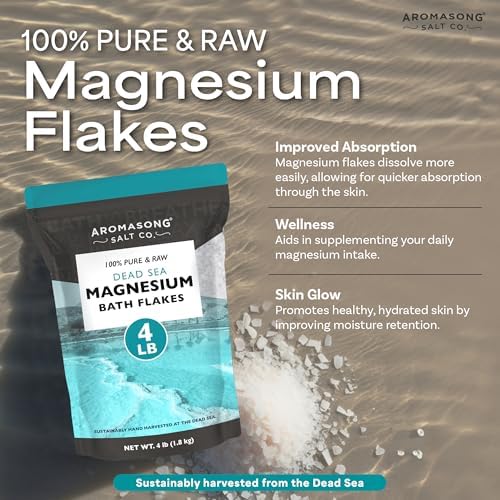 Aromasong Magnesium Flakes for Bath from The Dead Sea- 4 LB Resealable Pack Magnesium Chloride Flakes -Organic Bath Salt Relaxing Mineral Soak (Packaging May Vary)