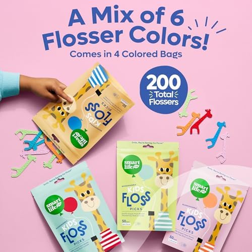 SmartLifeco Biodegradable* Kids Flossers - Unflavored Dental Floss Picks for Children, Fluoride & PFA Free, Straw Wheat Fun Animal Flossing Sticks for Toddlers Teeth, Eco Friendly Compostable*, 200x
