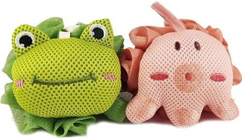Shower Loofah Sponges for Kids,Cute Frog and Octopus Shape Toddler Bath Exfoliating Body Scrubber Mesh Loofahs Sponge[2 Pack],Designed for Baby Women Boys and Girl