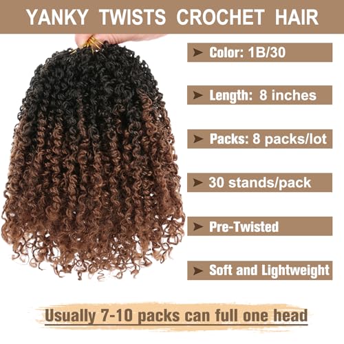 COOKOO 8 Inch 30 Strands/PCS Pre-looped Yanky Twists Crochet Braids 8 Packs Ombre Brown Spring Twists Hair Senegalese Twist Crochet Hair with Curls Synthetic Marlybob Crochet Hair Extensions 1B/30#