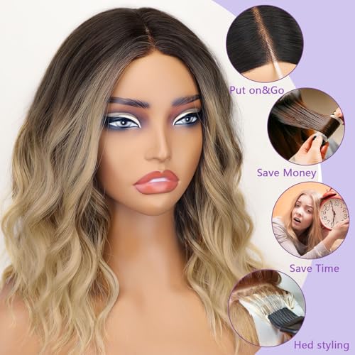AISI HAIR 14 Inch Ombre Blonde Wigs for Women - Shoulder Length Wave Wig with Pre-Cut Lace Hairline, Middle Part Natural Wavy Bob Synthetic Heat Resistant Fiber for Daily and Party