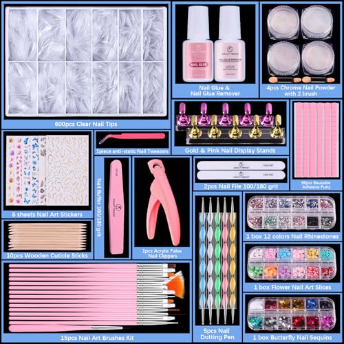 Nail Art Decoration Design Kit: Acrylic Brushes Tools Set with 600 Fake Nail Tips - Chrome Powder Nail Glue & Remover Nail Rhinestones Charms Gems - Press On Supplies Nail Stand Clipper Dotting Tool
