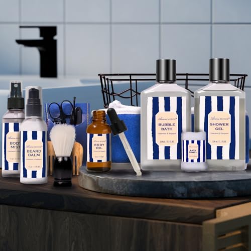 Fathers Gifts for Men Dad Bath and Body Gift Sets for Men with 10 Pcs Cedar & Bergamot Spa Gifts Set, Bath Gift Set Includes Beard Balm, Bubble Bath.Perfect Relaxation Spa Gift Basket for Men