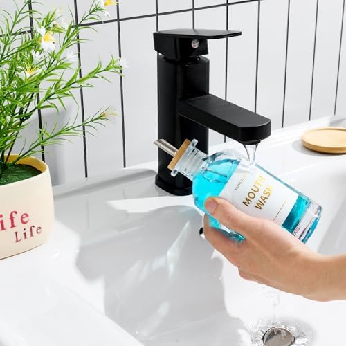 Glass Mouthwash Dispenser for Bathroom, 11.8oz Mouthwash Holder with Stianless Steel Spouts, Mouthwash Decanter with Bamboo Holder, Refillable Cups, Reusable Funnel, Golden Stickers