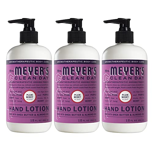 MRS. MEYER'S CLEAN DAY Hand Lotion for Dry Hands, Non-Greasy Moisturizer Made with Essential Oils, Plum Berry, 12 oz Bottles, Pack of 3