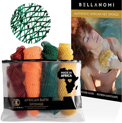 4 Piece African Exfoliating Net Sponge Long African Bath Sponge, Authentic Ethically Sourced from Nigeria, Great for Daily Use (Copper Brown, Orange, Green, Yellow)