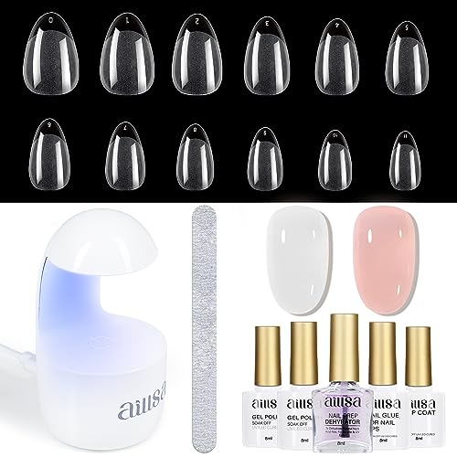 AILLSA Gel Nail Kit Short Almond Nail Tips 240pcs with 2 In 1 Nail Glue Base Coat and Nail Dehydrator, Gel Full Nail Kit with Nail Lamp Top Coat for Starters Home Salon Valentine's Day